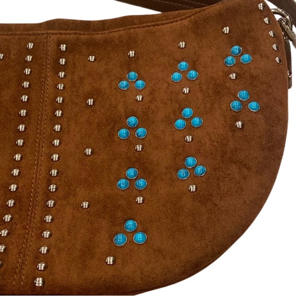 Brown Studded Boho Faux Suede Shoulder Bag Adjustable Crossbody - Picture 3 of 9